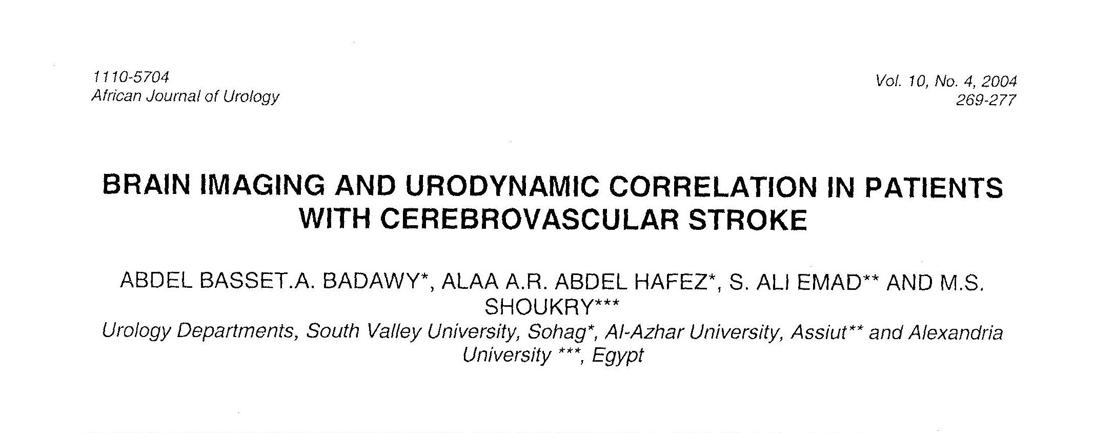 Brain Imaging and Urodynamic Correlation in Patients with Cerebrovascular Stroke